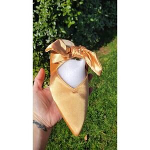 Lulus Sylviee Gold Satin Pointed-Toe Bow Mules Size 7.5